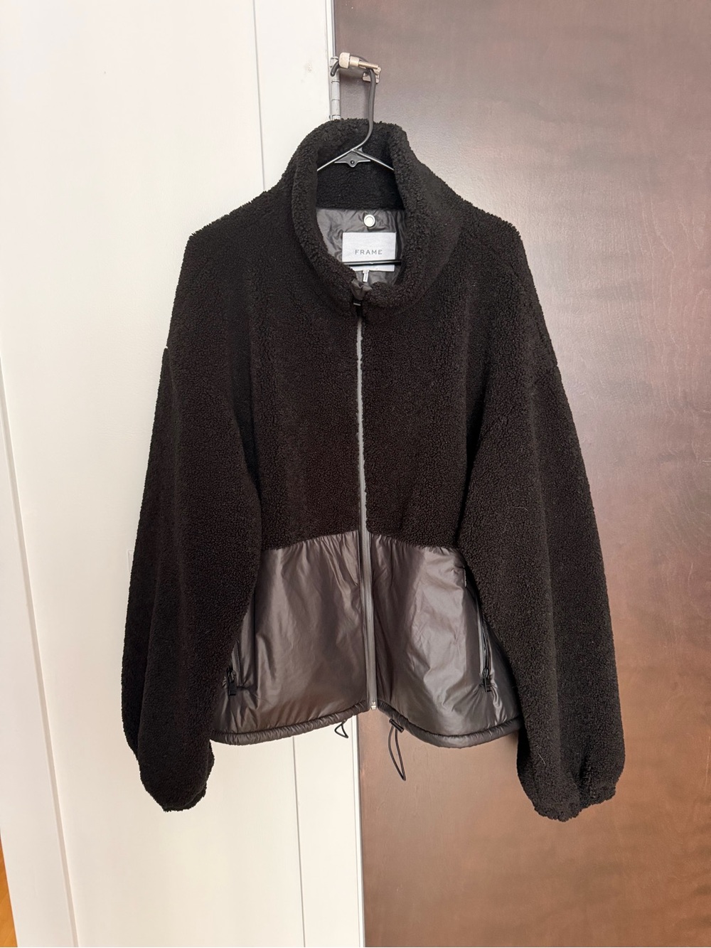 Frame Black Sherpa Zip-Up Jacket with Nylon Trim Mens Large